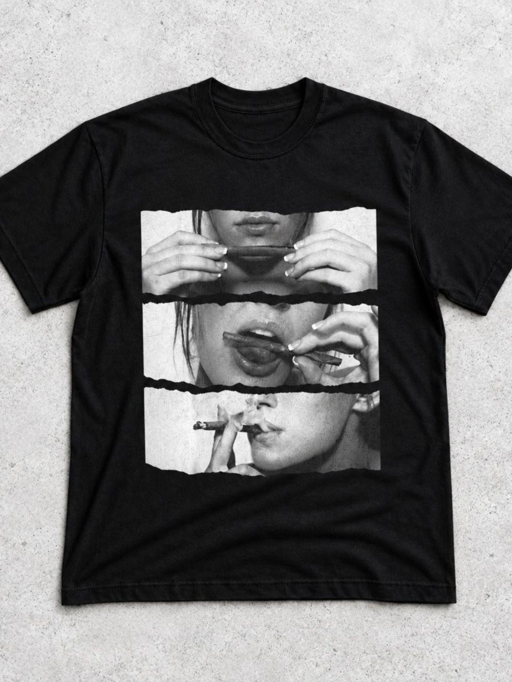 Black Graphic Crewneck T-Shirt with Monochrome Photo Print